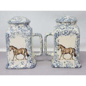 Vintage Ceramic Blue & White Spongeware Horse Salt & Pepper Shakers With Handles